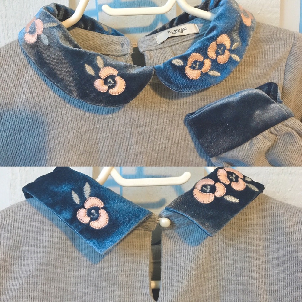 Flower embroidery velvet collar pullover